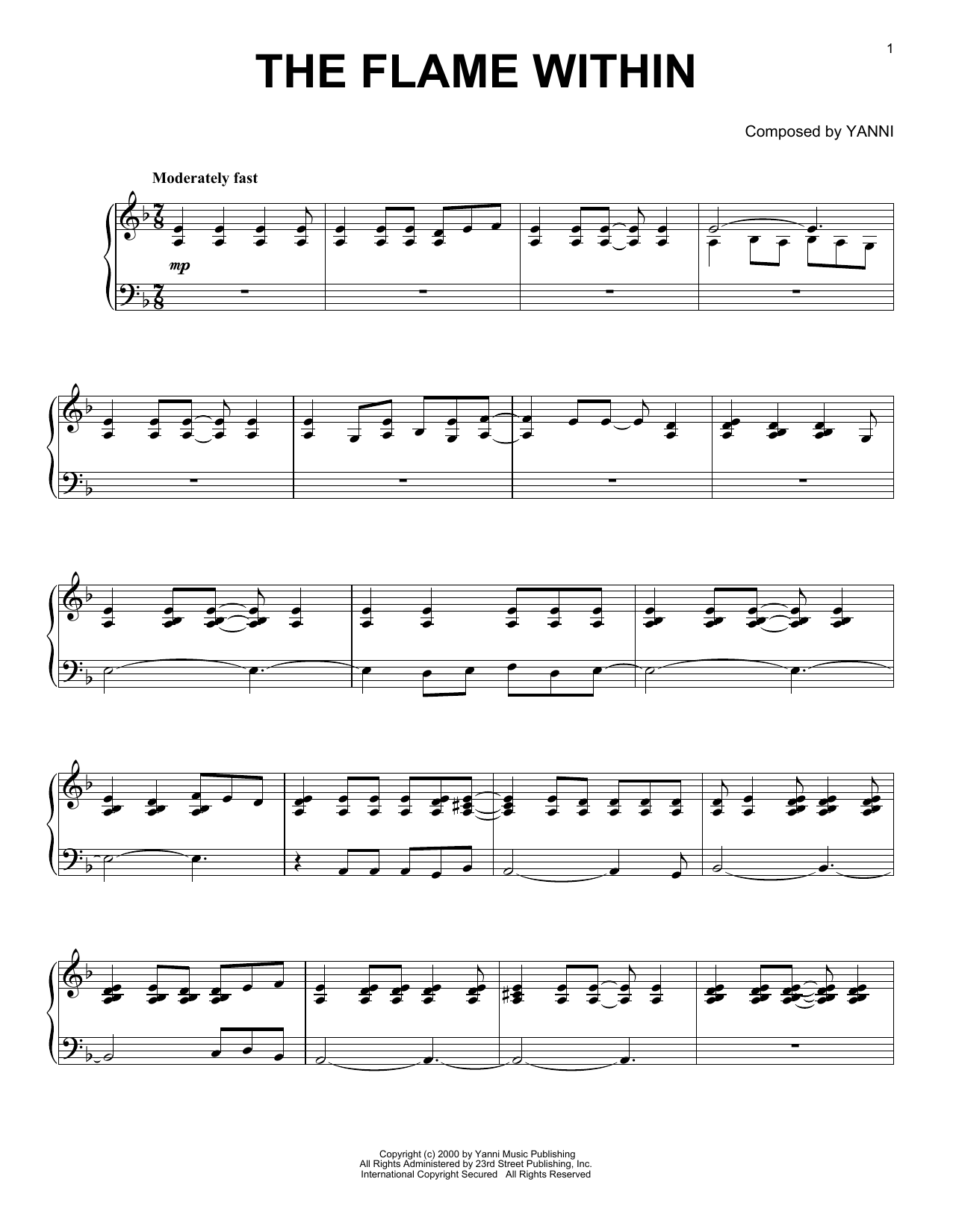 Preview Yanni The Flame Within Pop sheet music, notes and chords for Piano Solo, SKU: 403320 sheet music, piano notes, chords, guitar tabs, score, transpose, transcribe, how to play, guide, download, learn, tutorial, progression, song, artist, awards, billboard, mtv, vh1, tour, single, album, release
