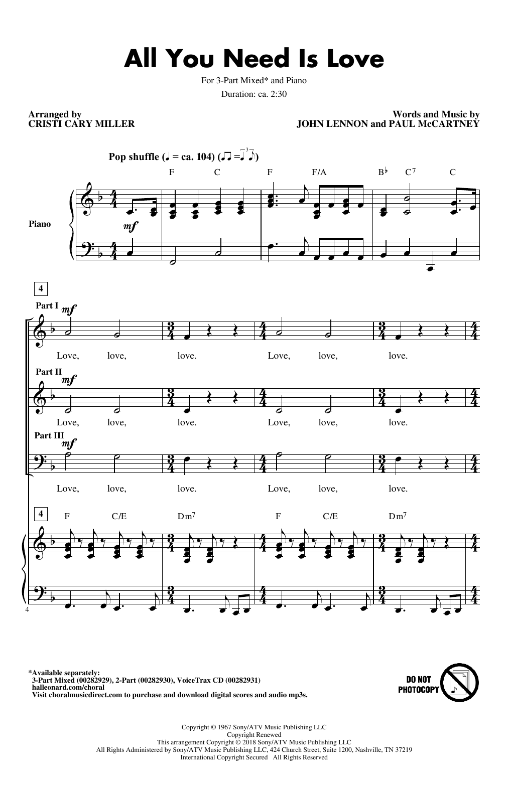 Preview The Beatles All You Need Is Love (arr. Cristi Cari Miller) Pop sheet music, notes and chords for 3-Part Mixed Choir, SKU: 403881 sheet music, piano notes, chords, guitar tabs, score, transpose, transcribe, how to play, guide, download, learn, tutorial, progression, song, artist, awards, billboard, mtv, vh1, tour, single, album, release