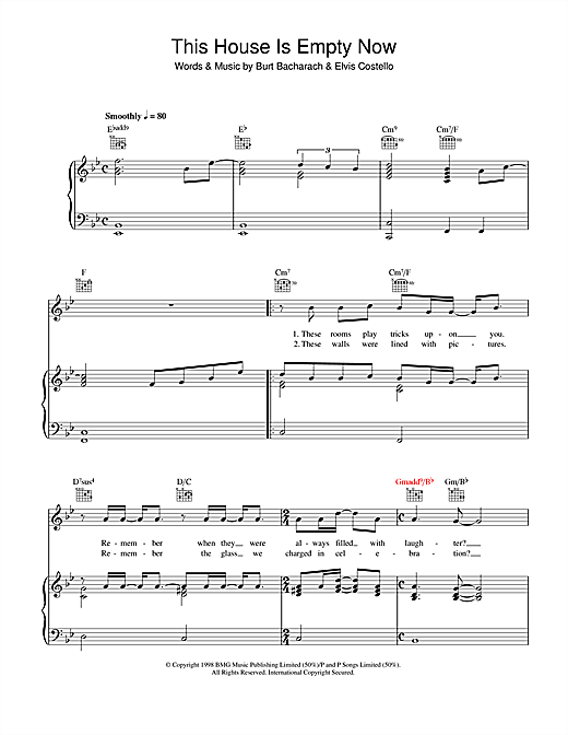 Preview Elvis Costello and Burt Bacharach This House Is Empty Now Rock sheet music, notes and chords for Piano, Vocal & Guitar (Right-Hand Melody), SKU: 40402 sheet music, piano notes, chords, guitar tabs, score, transpose, transcribe, how to play, guide, download, learn, tutorial, progression, song, artist, awards, billboard, mtv, vh1, tour, single, album, release