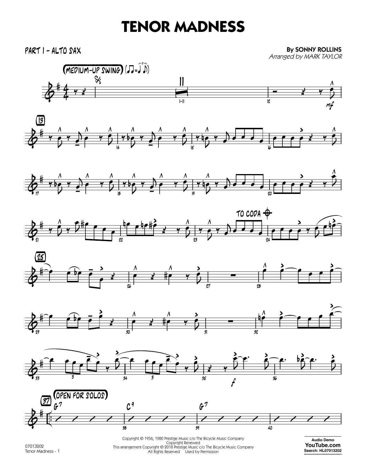 Preview Sonny Rollins Tenor Madness (arr. Mark Taylor) - Part 1 - Alto Sax Jazz sheet music, notes and chords for Jazz Ensemble, SKU: 404066 sheet music, piano notes, chords, guitar tabs, score, transpose, transcribe, how to play, guide, download, learn, tutorial, progression, song, artist, awards, billboard, mtv, vh1, tour, single, album, release