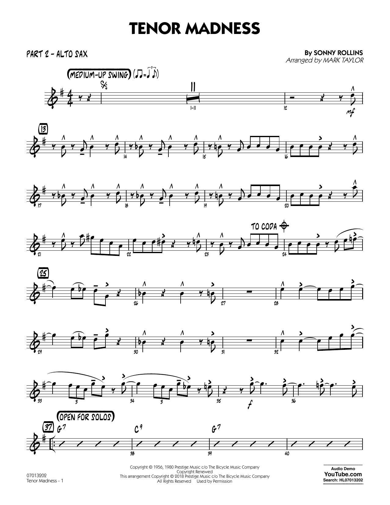 Preview Sonny Rollins Tenor Madness (arr. Mark Taylor) - Part 2 - Alto Sax Jazz sheet music, notes and chords for Jazz Ensemble, SKU: 404068 sheet music, piano notes, chords, guitar tabs, score, transpose, transcribe, how to play, guide, download, learn, tutorial, progression, song, artist, awards, billboard, mtv, vh1, tour, single, album, release