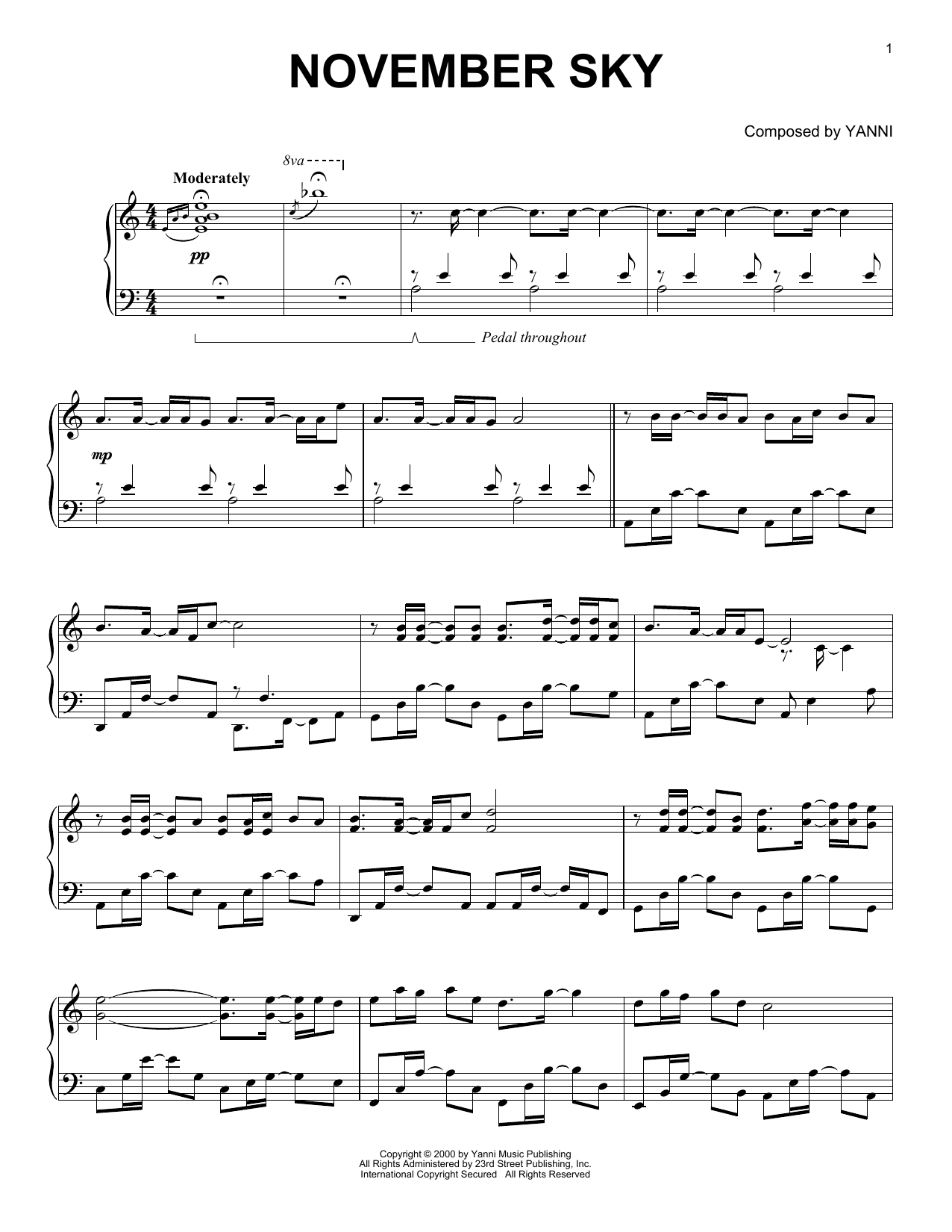 Preview Yanni November Sky Pop sheet music, notes and chords for Piano Solo, SKU: 404187 sheet music, piano notes, chords, guitar tabs, score, transpose, transcribe, how to play, guide, download, learn, tutorial, progression, song, artist, awards, billboard, mtv, vh1, tour, single, album, release