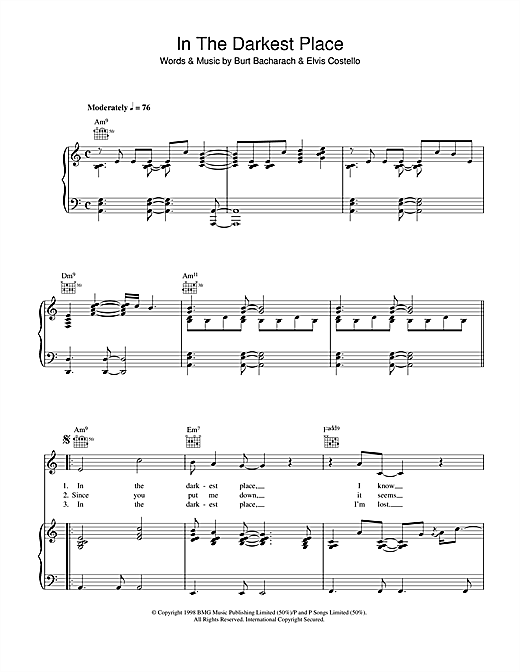 Preview Elvis Costello and Burt Bacharach In The Darkest Place Rock sheet music, notes and chords for Piano, Vocal & Guitar (Right-Hand Melody), SKU: 40418 sheet music, piano notes, chords, guitar tabs, score, transpose, transcribe, how to play, guide, download, learn, tutorial, progression, song, artist, awards, billboard, mtv, vh1, tour, single, album, release