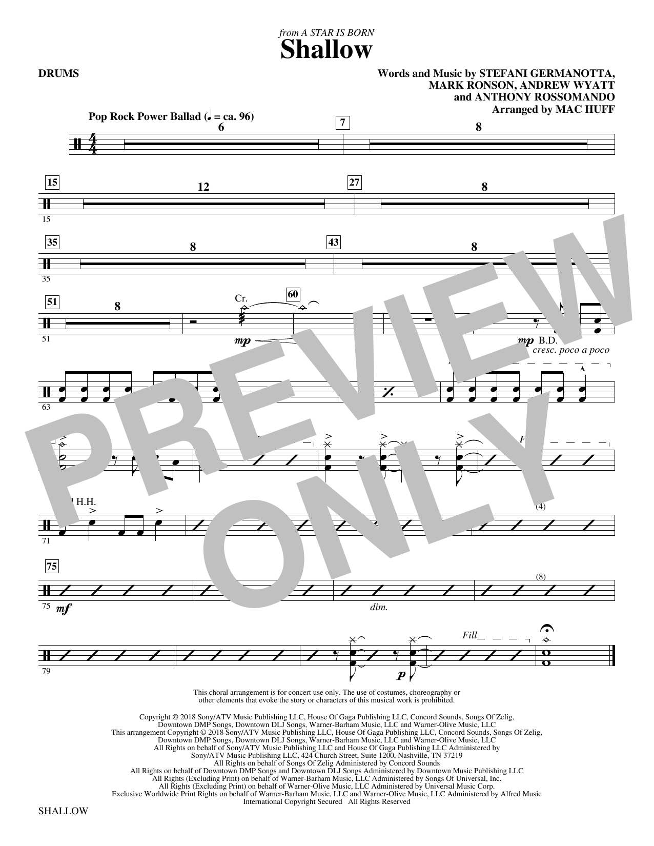 Preview Lady Gaga & Bradley Cooper Shallow (from A Star Is Born) (arr. Mac Huff) - Drums Film/TV sheet music, notes and chords for Choral Instrumental Pak, SKU: 404887 sheet music, piano notes, chords, guitar tabs, score, transpose, transcribe, how to play, guide, download, learn, tutorial, progression, song, artist, awards, billboard, mtv, vh1, tour, single, album, release