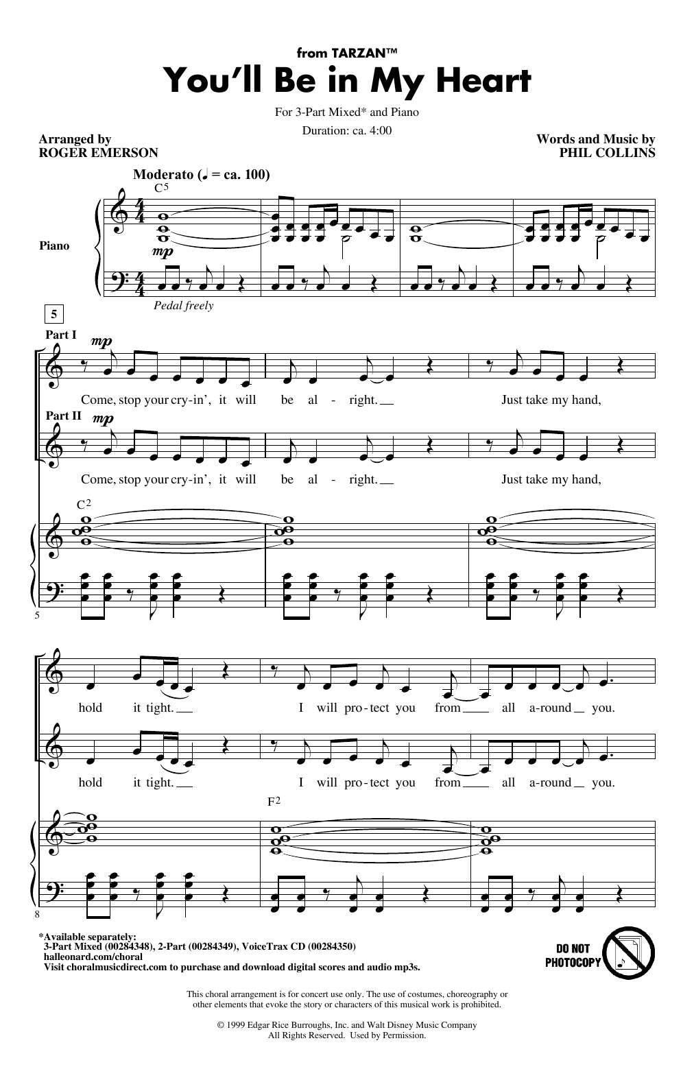 Preview Phil Collins You'll Be In My Heart (from Tarzan) (arr. Roger Emerson) Disney sheet music, notes and chords for 3-Part Mixed Choir, SKU: 405163 sheet music, piano notes, chords, guitar tabs, score, transpose, transcribe, how to play, guide, download, learn, tutorial, progression, song, artist, awards, billboard, mtv, vh1, tour, single, album, release
