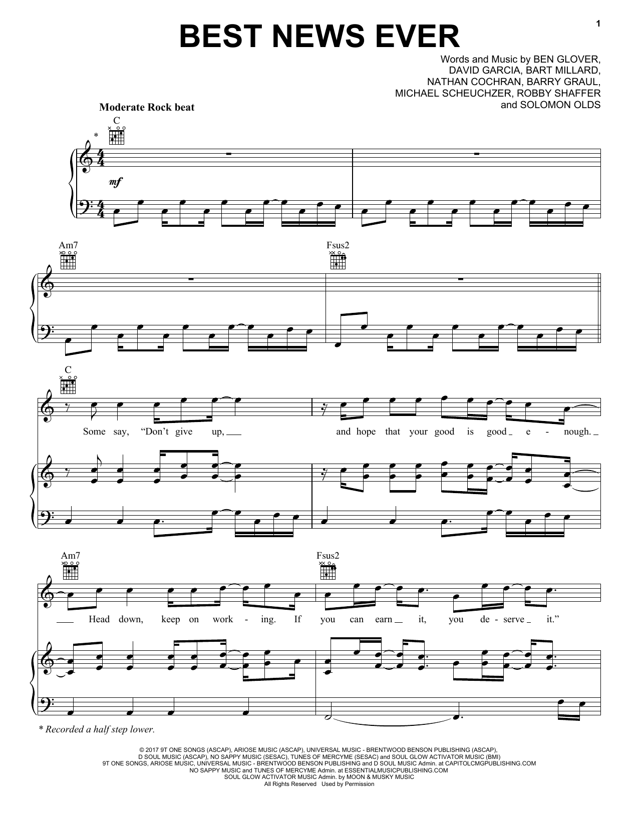 Preview MercyMe Best News Ever Pop sheet music, notes and chords for Piano, Vocal & Guitar (Right-Hand Melody), SKU: 405525 sheet music, piano notes, chords, guitar tabs, score, transpose, transcribe, how to play, guide, download, learn, tutorial, progression, song, artist, awards, billboard, mtv, vh1, tour, single, album, release