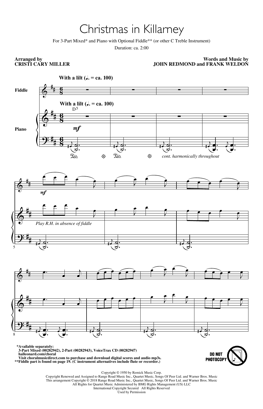 Preview John Redmond & Frank Weldon Christmas In Killarney (arr. Cristi Cary Miller) Christmas sheet music, notes and chords for 3-Part Mixed Choir, SKU: 407393 sheet music, piano notes, chords, guitar tabs, score, transpose, transcribe, how to play, guide, download, learn, tutorial, progression, song, artist, awards, billboard, mtv, vh1, tour, single, album, release