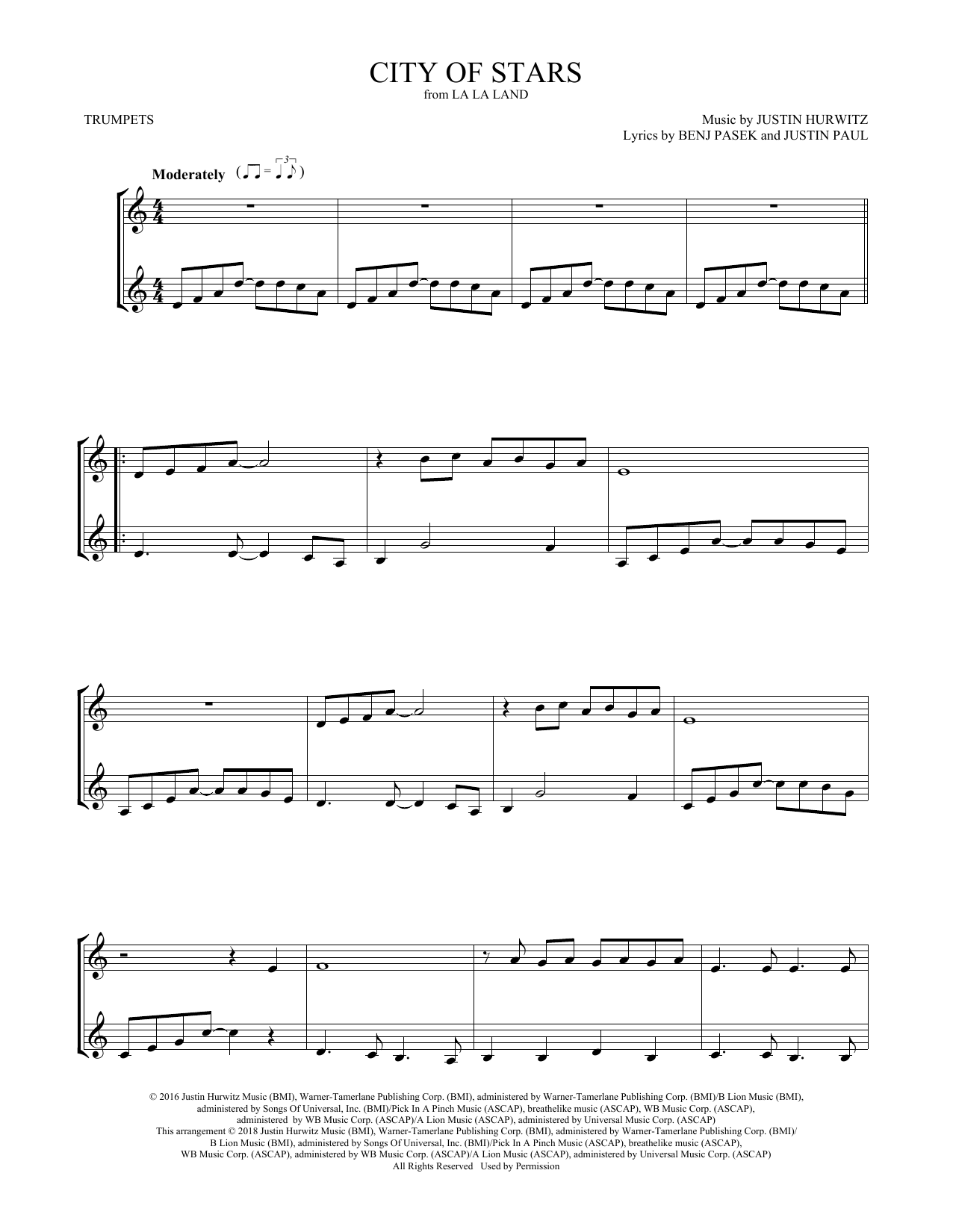 Preview Ryan Gosling & Emma Stone City of Stars (from La La Land) Film/TV sheet music, notes and chords for Trumpet Duet, SKU: 407685 sheet music, piano notes, chords, guitar tabs, score, transpose, transcribe, how to play, guide, download, learn, tutorial, progression, song, artist, awards, billboard, mtv, vh1, tour, single, album, release