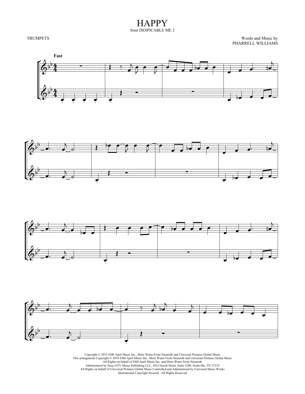Preview Pharrell Happy (from Despicable Me 2) Pop sheet music, notes and chords for Trumpet Duet, SKU: 408114 sheet music, piano notes, chords, guitar tabs, score, transpose, transcribe, how to play, guide, download, learn, tutorial, progression, song, artist, awards, billboard, mtv, vh1, tour, single, album, release