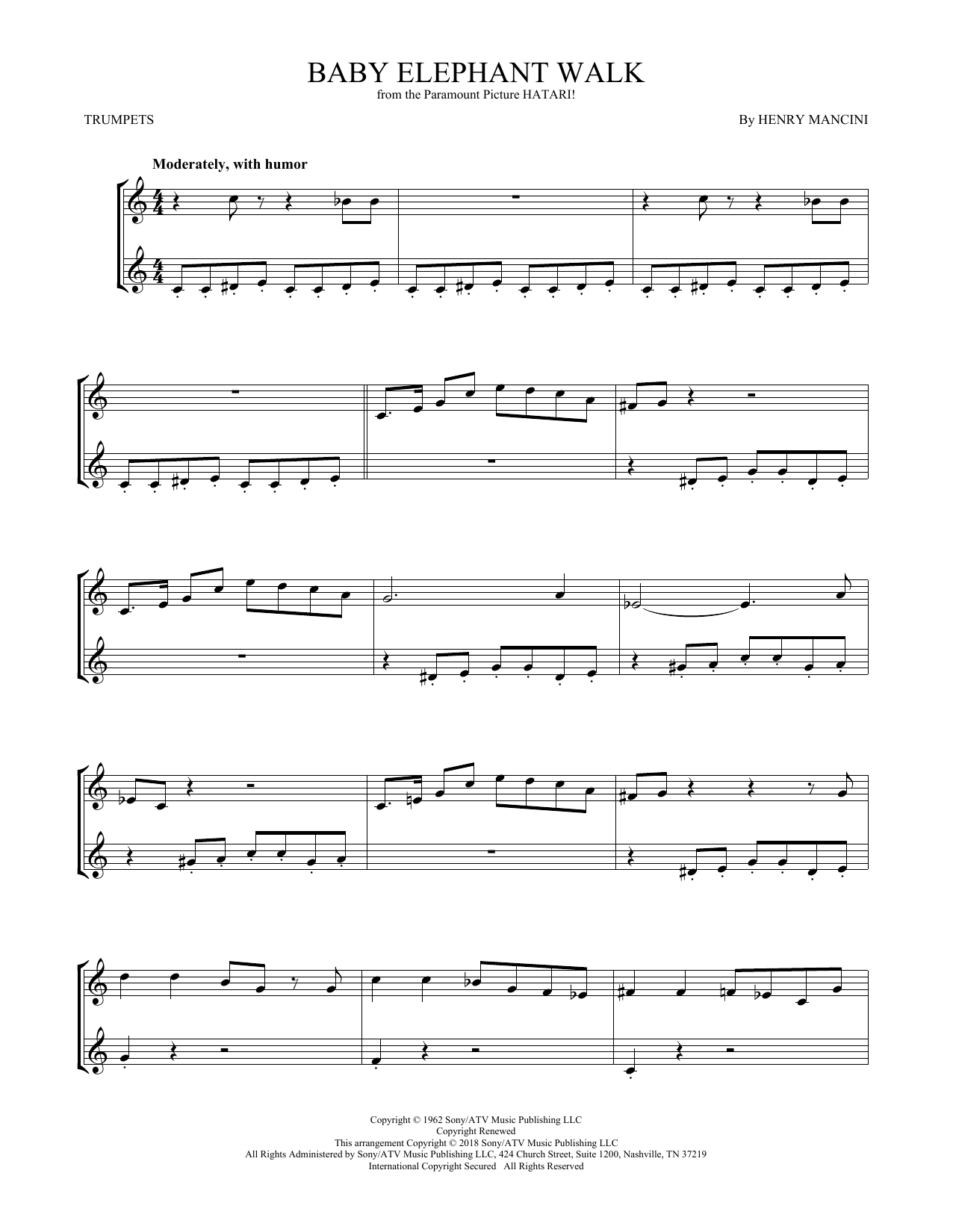 Preview Henry Mancini Baby Elephant Walk Film/TV sheet music, notes and chords for Trumpet Duet, SKU: 408141 sheet music, piano notes, chords, guitar tabs, score, transpose, transcribe, how to play, guide, download, learn, tutorial, progression, song, artist, awards, billboard, mtv, vh1, tour, single, album, release