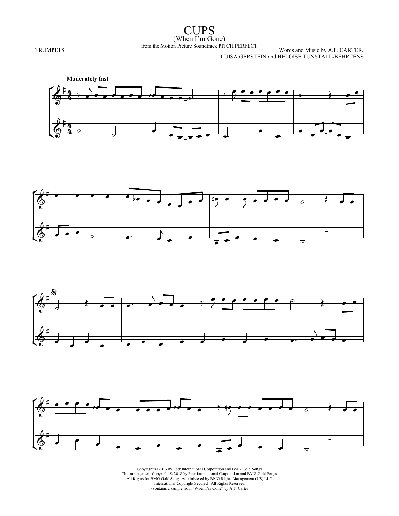 Preview Anna Kendrick Cups (When I'm Gone) (from Pitch Perfect) Film/TV sheet music, notes and chords for Trumpet Duet, SKU: 408239 sheet music, piano notes, chords, guitar tabs, score, transpose, transcribe, how to play, guide, download, learn, tutorial, progression, song, artist, awards, billboard, mtv, vh1, tour, single, album, release