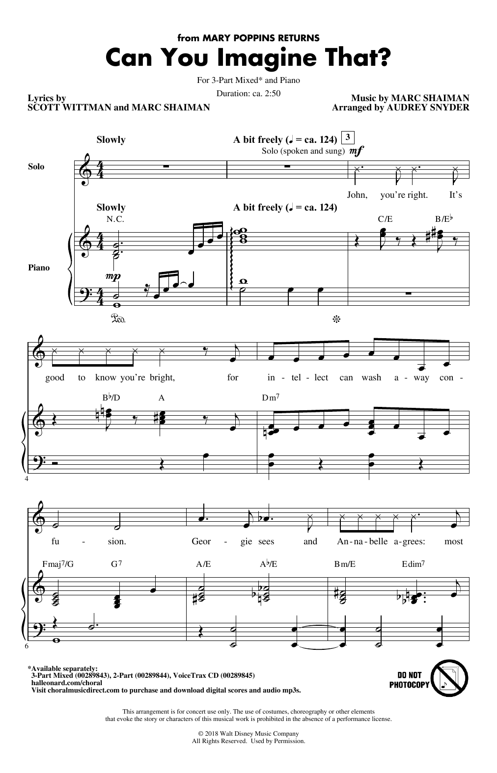 Preview Emily Blunt & Company Can You Imagine That? (from Mary Poppins Returns) (arr. Audrey Snyder) Film/TV sheet music, notes and chords for 3-Part Mixed Choir, SKU: 408356 sheet music, piano notes, chords, guitar tabs, score, transpose, transcribe, how to play, guide, download, learn, tutorial, progression, song, artist, awards, billboard, mtv, vh1, tour, single, album, release