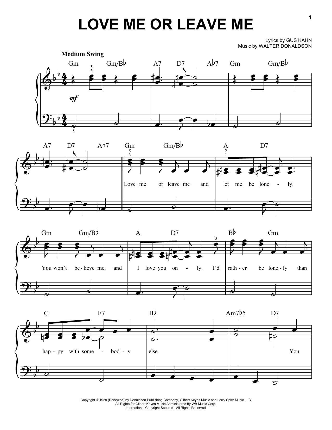 Preview Gus Kahn Love Me Or Leave Me Standards sheet music, notes and chords for Easy Piano, SKU: 408410 sheet music, piano notes, chords, guitar tabs, score, transpose, transcribe, how to play, guide, download, learn, tutorial, progression, song, artist, awards, billboard, mtv, vh1, tour, single, album, release