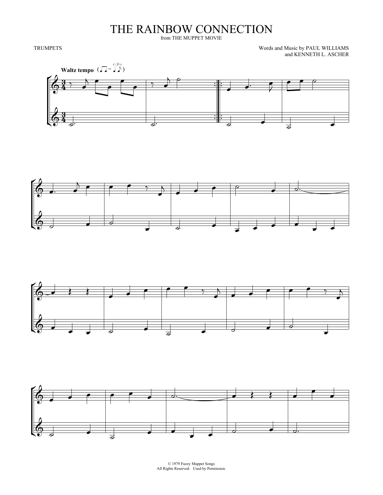 Preview Paul Williams The Rainbow Connection Pop sheet music, notes and chords for Trumpet Duet, SKU: 408502 sheet music, piano notes, chords, guitar tabs, score, transpose, transcribe, how to play, guide, download, learn, tutorial, progression, song, artist, awards, billboard, mtv, vh1, tour, single, album, release