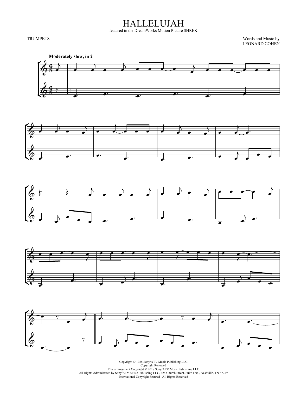 Preview Leonard Cohen Hallelujah Pop sheet music, notes and chords for Trumpet Duet, SKU: 408505 sheet music, piano notes, chords, guitar tabs, score, transpose, transcribe, how to play, guide, download, learn, tutorial, progression, song, artist, awards, billboard, mtv, vh1, tour, single, album, release