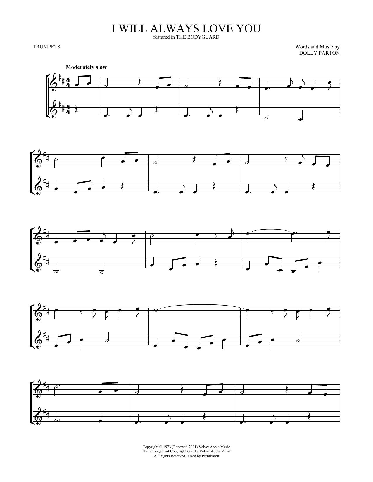 Preview Whitney Houston I Will Always Love You Film/TV sheet music, notes and chords for Trumpet Duet, SKU: 408580 sheet music, piano notes, chords, guitar tabs, score, transpose, transcribe, how to play, guide, download, learn, tutorial, progression, song, artist, awards, billboard, mtv, vh1, tour, single, album, release