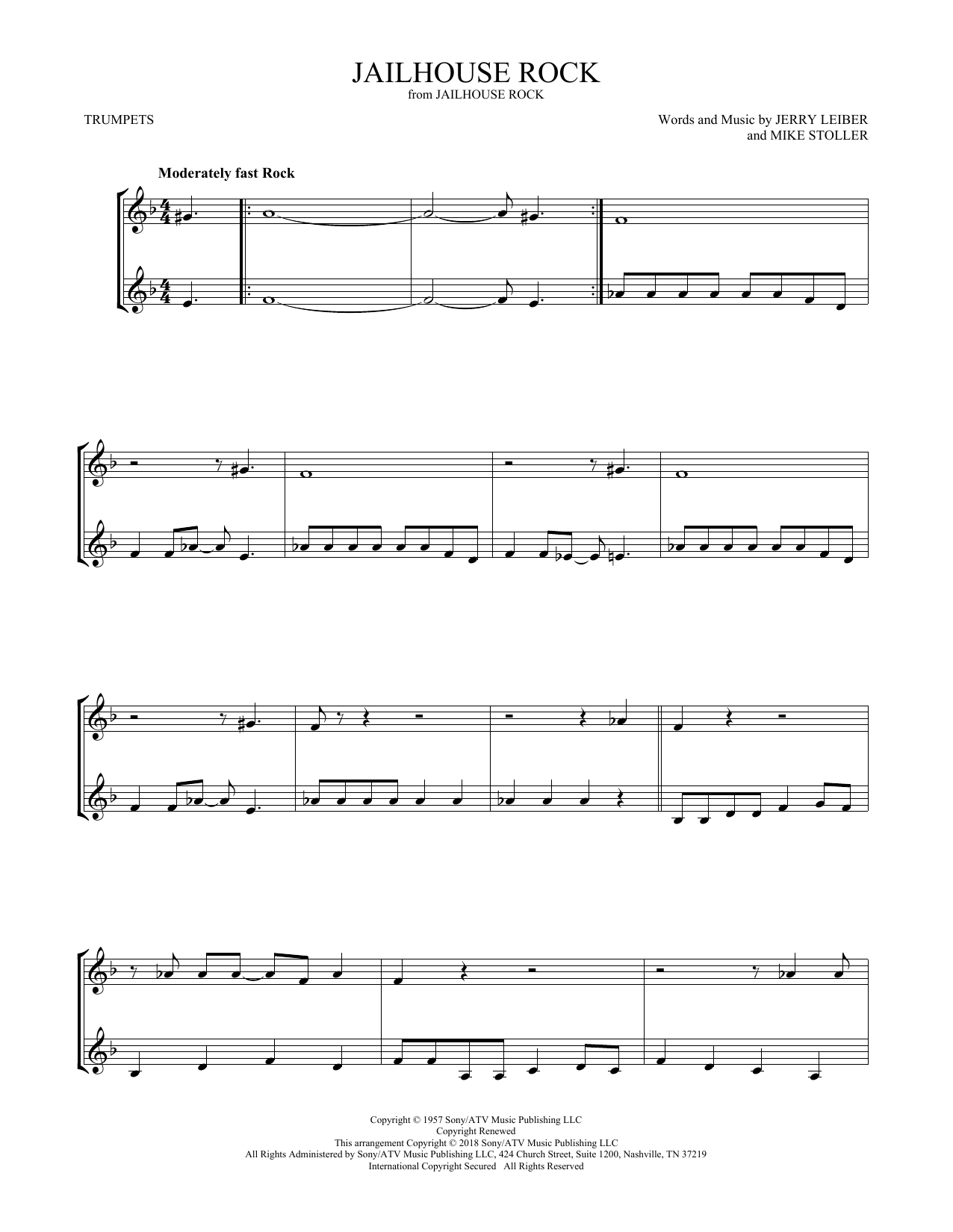 Preview Elvis Presley Jailhouse Rock Oldies sheet music, notes and chords for Trumpet Duet, SKU: 408581 sheet music, piano notes, chords, guitar tabs, score, transpose, transcribe, how to play, guide, download, learn, tutorial, progression, song, artist, awards, billboard, mtv, vh1, tour, single, album, release