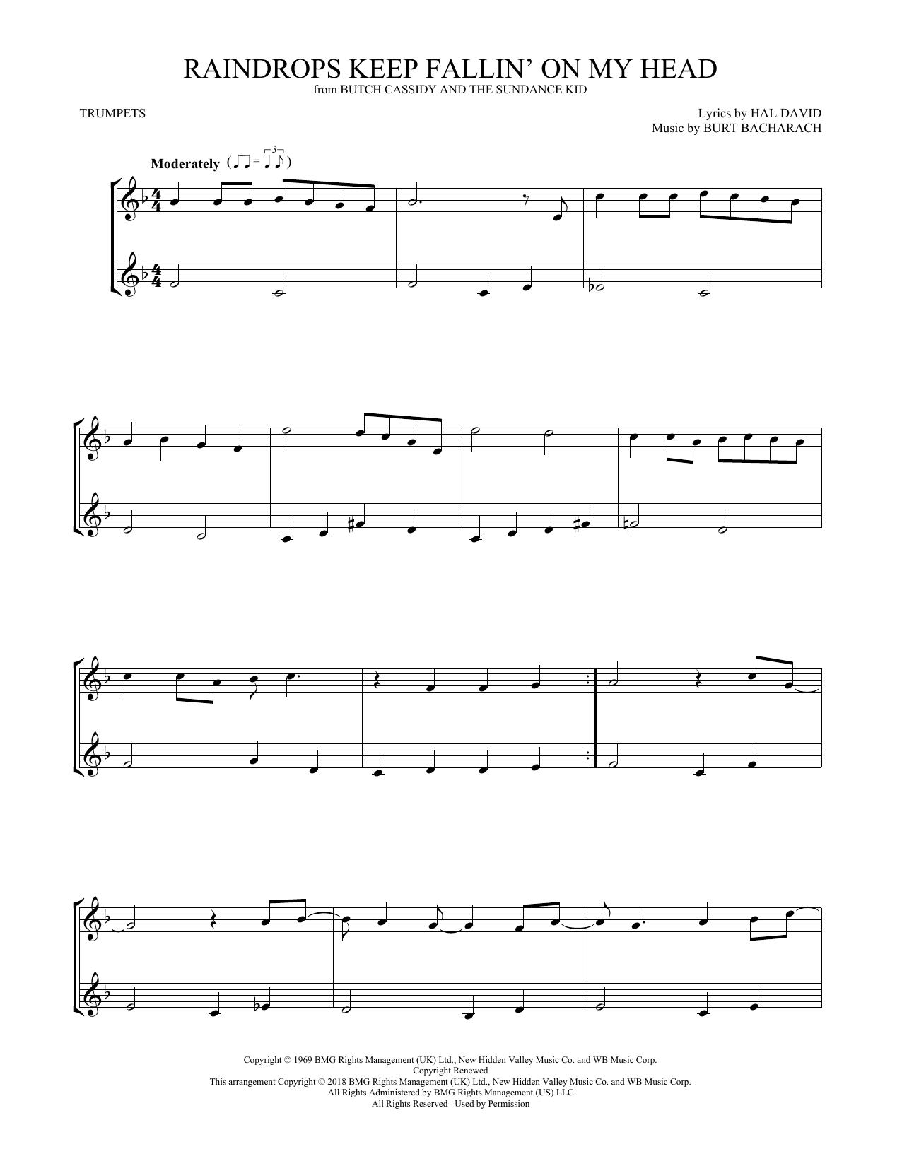 Preview B.J. Thomas Raindrops Keep Fallin' On My Head Pop sheet music, notes and chords for Trumpet Duet, SKU: 408582 sheet music, piano notes, chords, guitar tabs, score, transpose, transcribe, how to play, guide, download, learn, tutorial, progression, song, artist, awards, billboard, mtv, vh1, tour, single, album, release