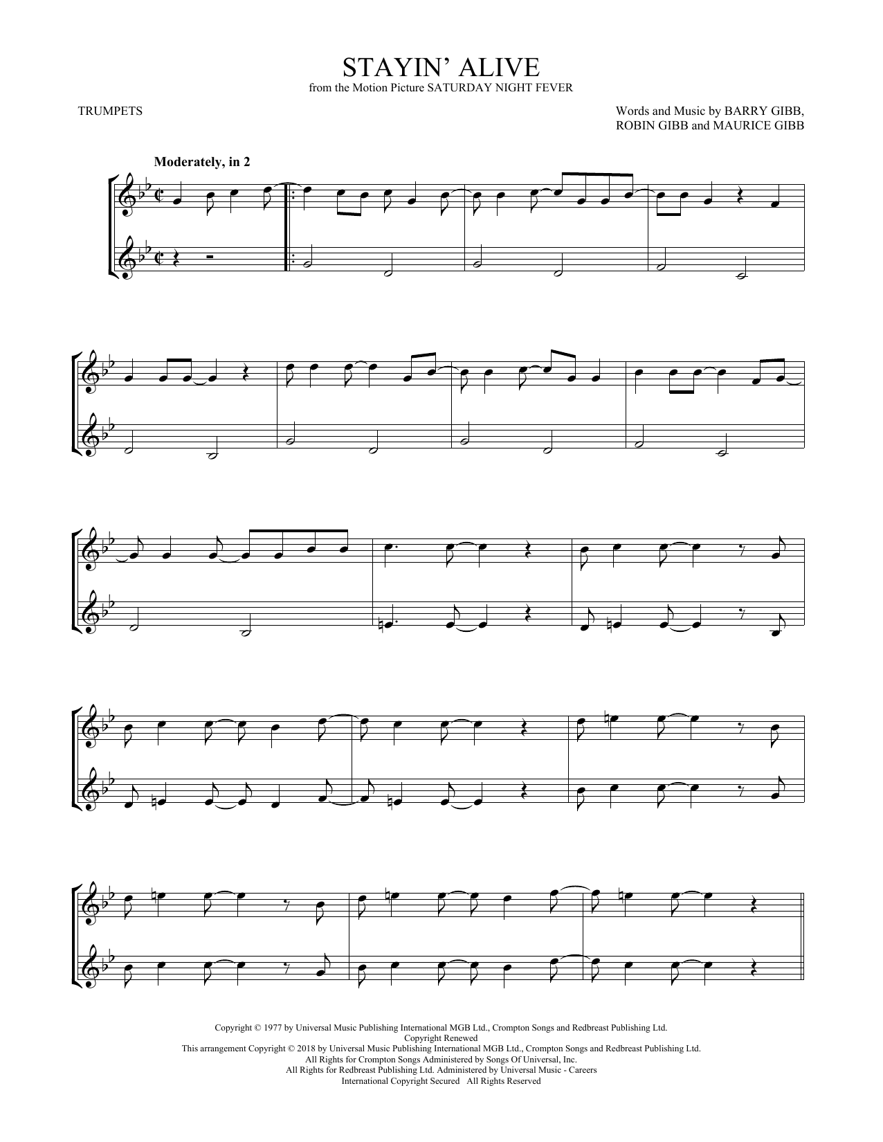 Preview The Bee Gees Stayin' Alive Disco sheet music, notes and chords for Trumpet Duet, SKU: 408583 sheet music, piano notes, chords, guitar tabs, score, transpose, transcribe, how to play, guide, download, learn, tutorial, progression, song, artist, awards, billboard, mtv, vh1, tour, single, album, release