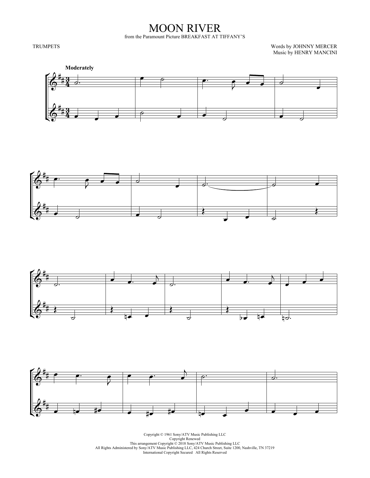 Preview Andy Williams Moon River Standards sheet music, notes and chords for Trumpet Duet, SKU: 408878 sheet music, piano notes, chords, guitar tabs, score, transpose, transcribe, how to play, guide, download, learn, tutorial, progression, song, artist, awards, billboard, mtv, vh1, tour, single, album, release