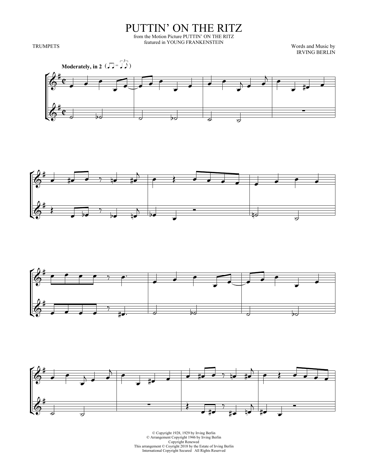 Preview Irving Berlin Puttin' On The Ritz Standards sheet music, notes and chords for Trumpet Duet, SKU: 408887 sheet music, piano notes, chords, guitar tabs, score, transpose, transcribe, how to play, guide, download, learn, tutorial, progression, song, artist, awards, billboard, mtv, vh1, tour, single, album, release