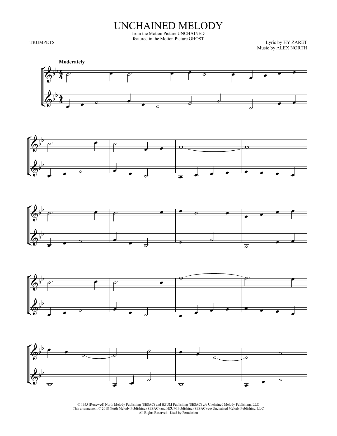 Preview The Righteous Brothers Unchained Melody Pop sheet music, notes and chords for Trumpet Duet, SKU: 409204 sheet music, piano notes, chords, guitar tabs, score, transpose, transcribe, how to play, guide, download, learn, tutorial, progression, song, artist, awards, billboard, mtv, vh1, tour, single, album, release