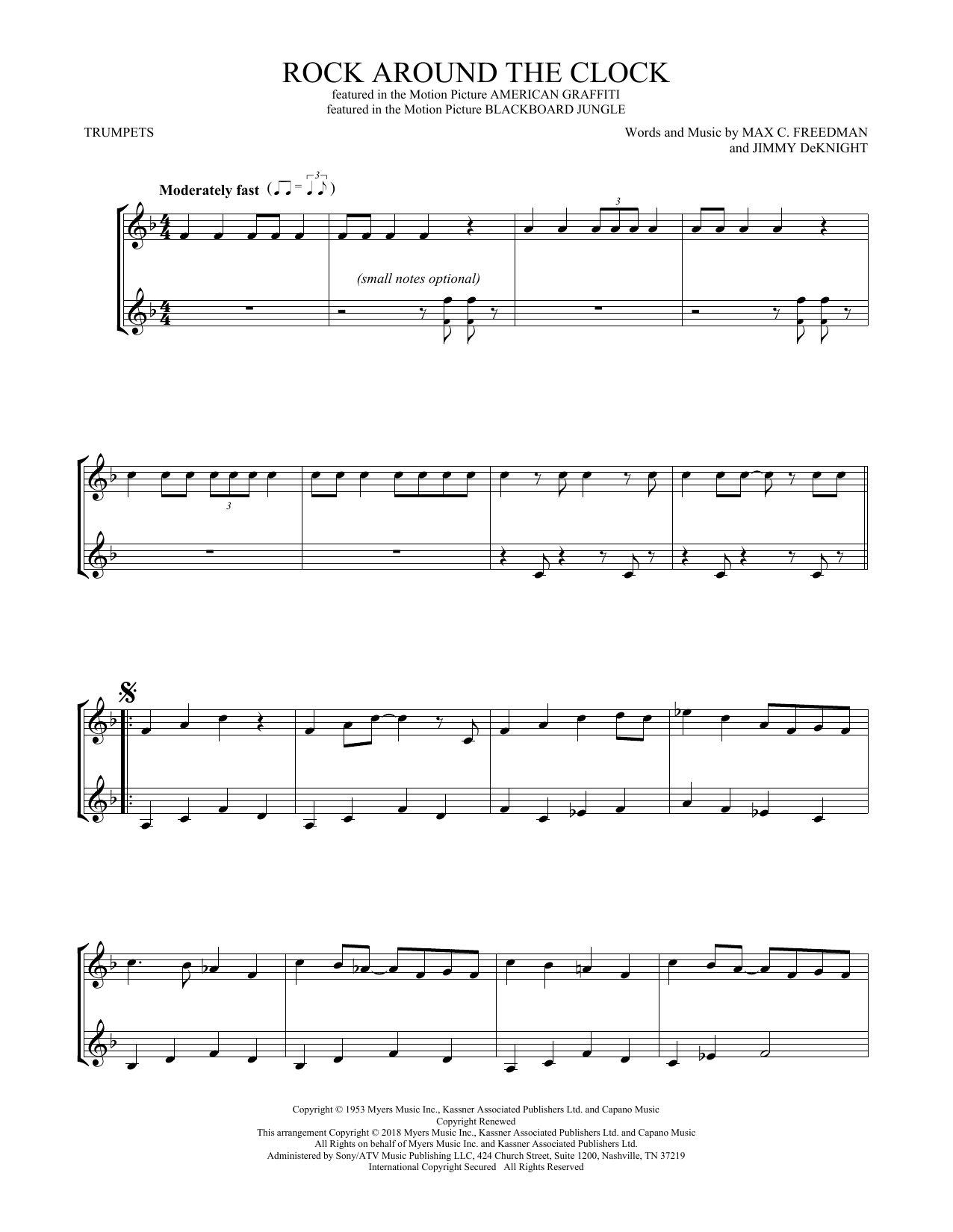 Preview Bill Haley & His Comets Rock Around The Clock Pop sheet music, notes and chords for Trumpet Duet, SKU: 409206 sheet music, piano notes, chords, guitar tabs, score, transpose, transcribe, how to play, guide, download, learn, tutorial, progression, song, artist, awards, billboard, mtv, vh1, tour, single, album, release