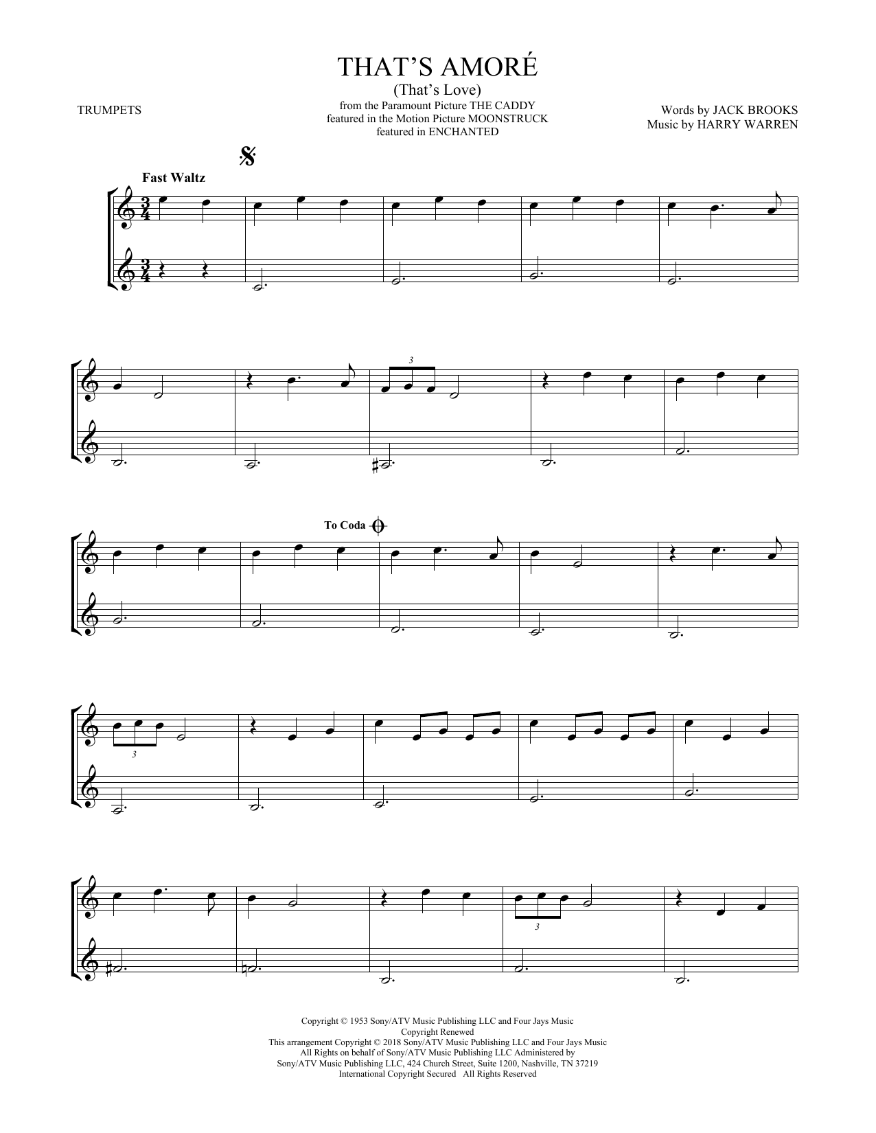 Preview Dean Martin That's Amore (That's Love) Love sheet music, notes and chords for Trumpet Duet, SKU: 409327 sheet music, piano notes, chords, guitar tabs, score, transpose, transcribe, how to play, guide, download, learn, tutorial, progression, song, artist, awards, billboard, mtv, vh1, tour, single, album, release