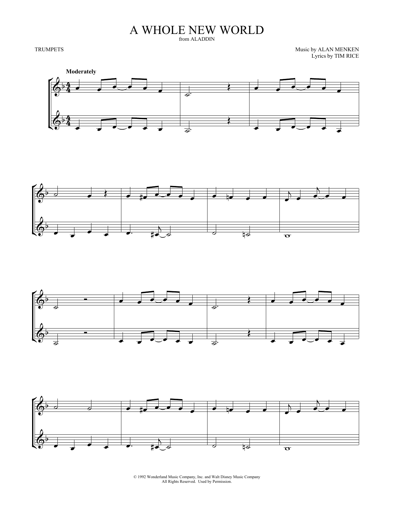 Preview Alan Menken A Whole New World (from Aladdin) Disney sheet music, notes and chords for Trumpet Duet, SKU: 409894 sheet music, piano notes, chords, guitar tabs, score, transpose, transcribe, how to play, guide, download, learn, tutorial, progression, song, artist, awards, billboard, mtv, vh1, tour, single, album, release