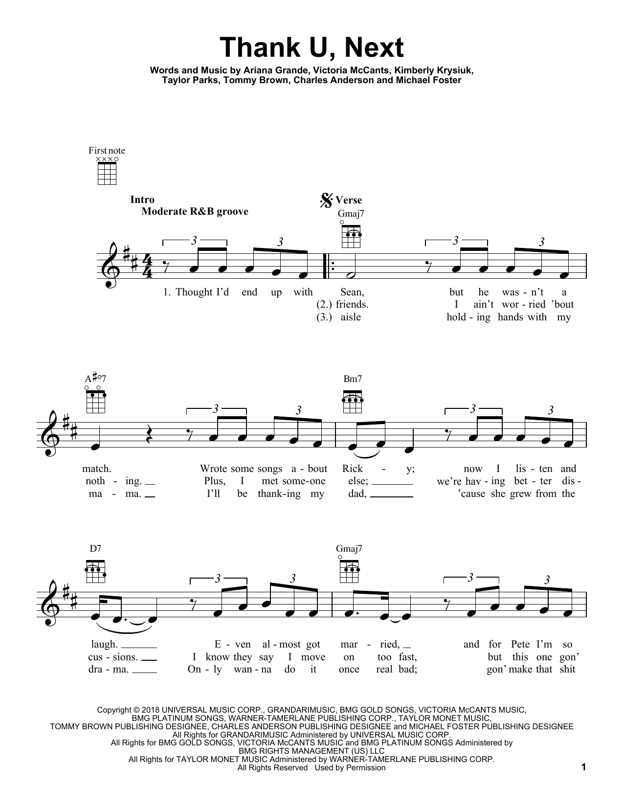 Preview Ariana Grande Thank U, Next Pop sheet music, notes and chords for Ukulele, SKU: 410072 sheet music, piano notes, chords, guitar tabs, score, transpose, transcribe, how to play, guide, download, learn, tutorial, progression, song, artist, awards, billboard, mtv, vh1, tour, single, album, release