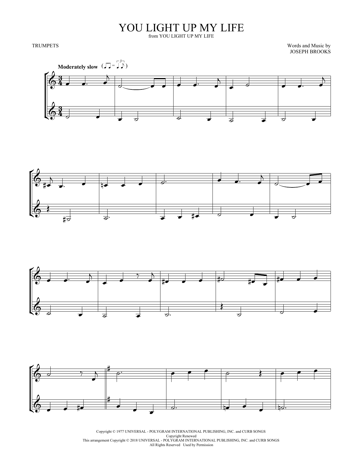 Preview Debby Boone You Light Up My Life Pop sheet music, notes and chords for Trumpet Duet, SKU: 410107 sheet music, piano notes, chords, guitar tabs, score, transpose, transcribe, how to play, guide, download, learn, tutorial, progression, song, artist, awards, billboard, mtv, vh1, tour, single, album, release