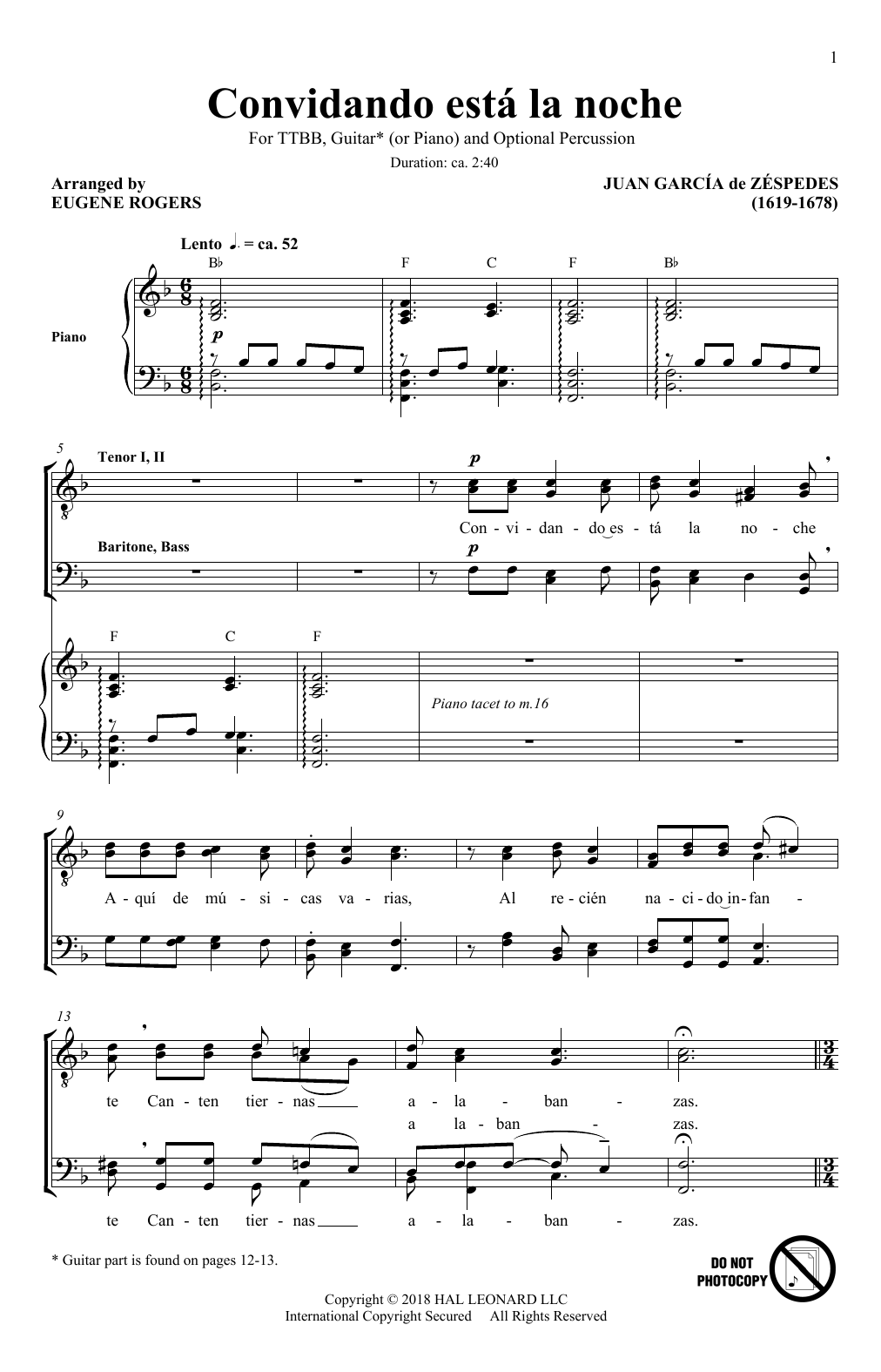 Preview Juan Garcia De Zespedes Convidando Esta La Noche (arr. Eugene Rogers) Concert sheet music, notes and chords for TTBB Choir, SKU: 410598 sheet music, piano notes, chords, guitar tabs, score, transpose, transcribe, how to play, guide, download, learn, tutorial, progression, song, artist, awards, billboard, mtv, vh1, tour, single, album, release