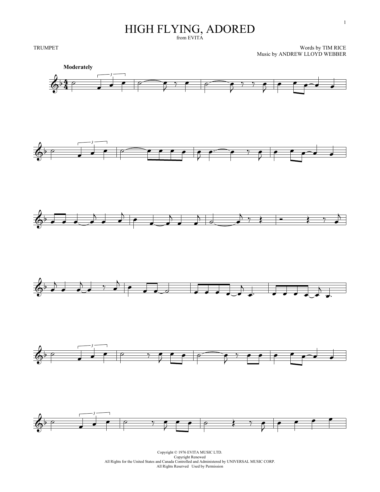 Preview Andrew Lloyd Webber High Flying, Adored (from Evita) Broadway sheet music, notes and chords for Trumpet Solo, SKU: 411159 sheet music, piano notes, chords, guitar tabs, score, transpose, transcribe, how to play, guide, download, learn, tutorial, progression, song, artist, awards, billboard, mtv, vh1, tour, single, album, release