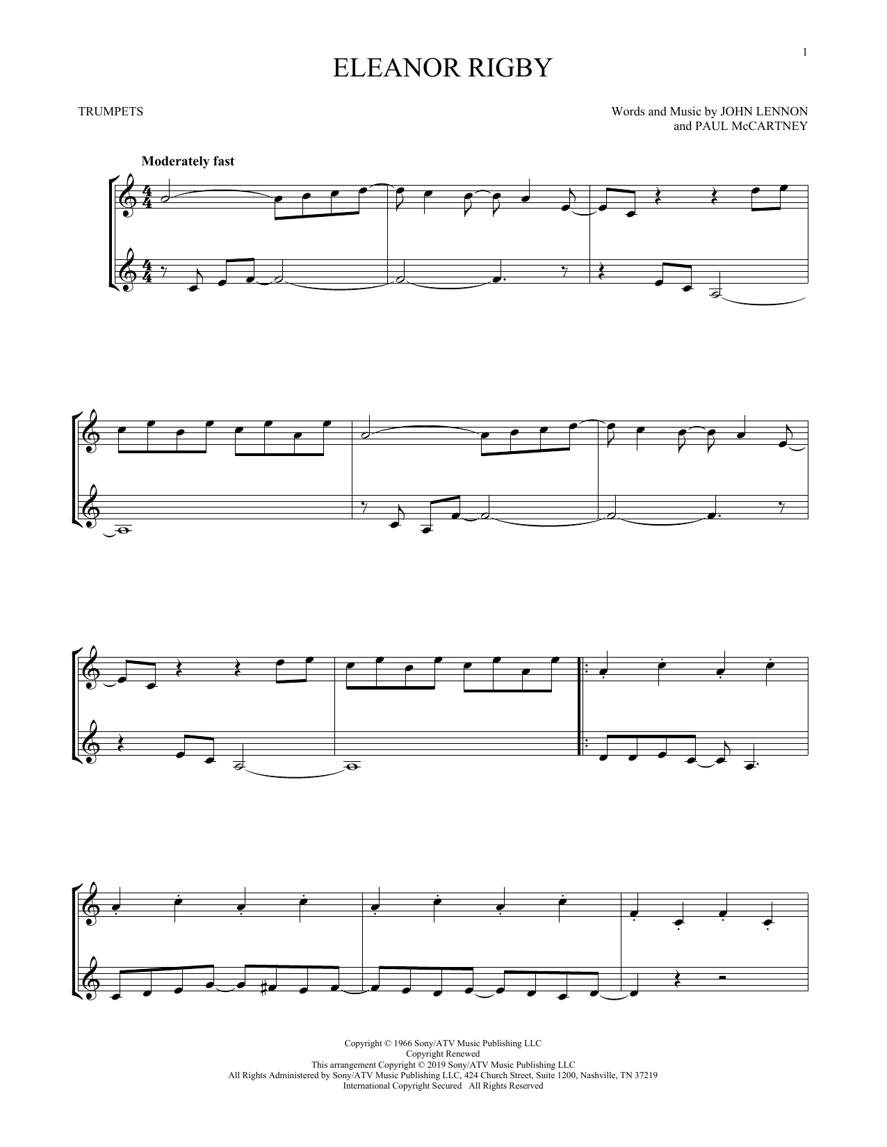 Preview The Beatles Eleanor Rigby Pop sheet music, notes and chords for Trumpet Duet, SKU: 412473 sheet music, piano notes, chords, guitar tabs, score, transpose, transcribe, how to play, guide, download, learn, tutorial, progression, song, artist, awards, billboard, mtv, vh1, tour, single, album, release