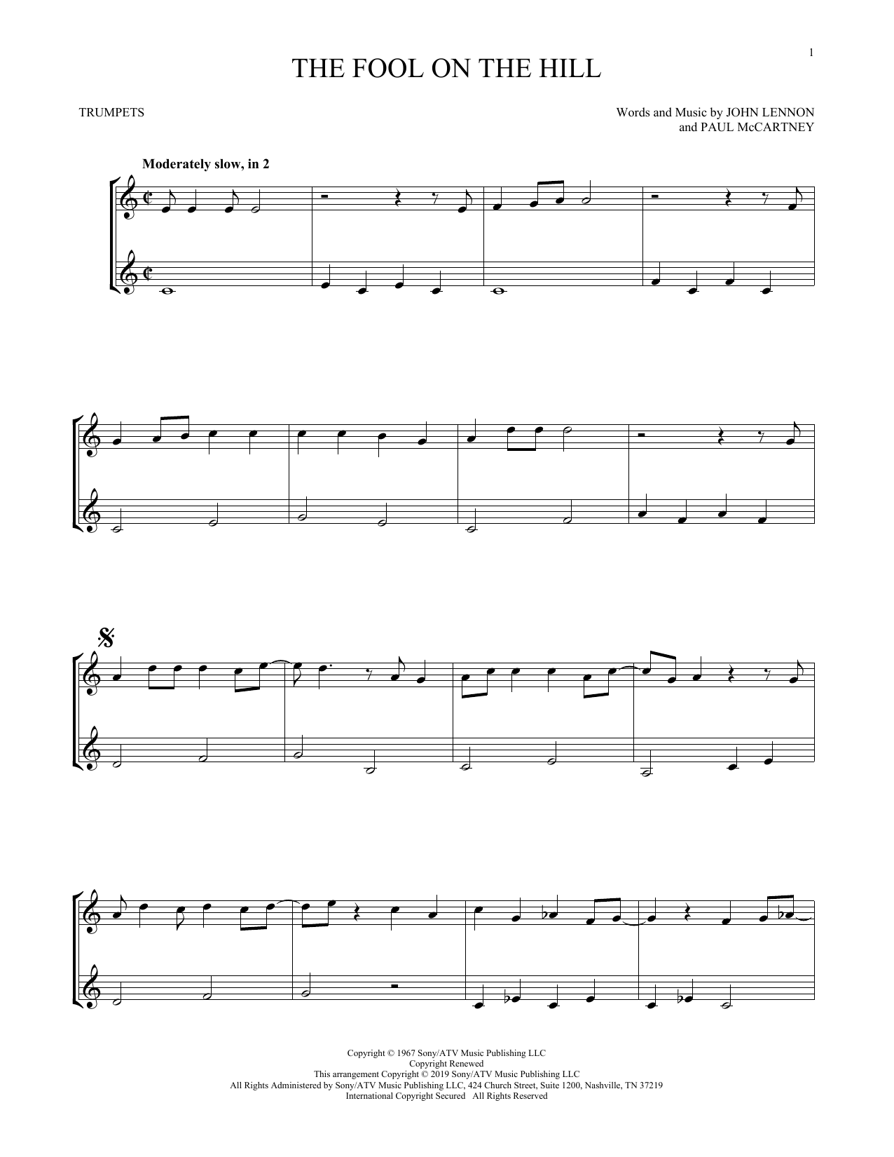 Preview The Beatles The Fool On The Hill Pop sheet music, notes and chords for Trumpet Duet, SKU: 412647 sheet music, piano notes, chords, guitar tabs, score, transpose, transcribe, how to play, guide, download, learn, tutorial, progression, song, artist, awards, billboard, mtv, vh1, tour, single, album, release