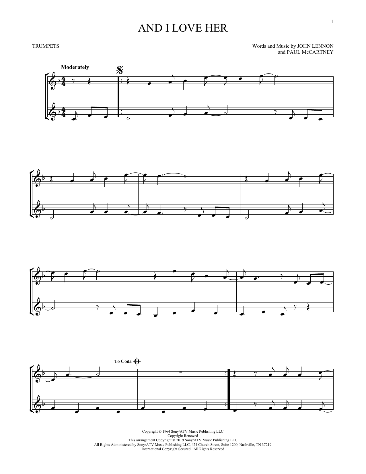 Preview The Beatles And I Love Her Pop sheet music, notes and chords for Trumpet Duet, SKU: 412649 sheet music, piano notes, chords, guitar tabs, score, transpose, transcribe, how to play, guide, download, learn, tutorial, progression, song, artist, awards, billboard, mtv, vh1, tour, single, album, release