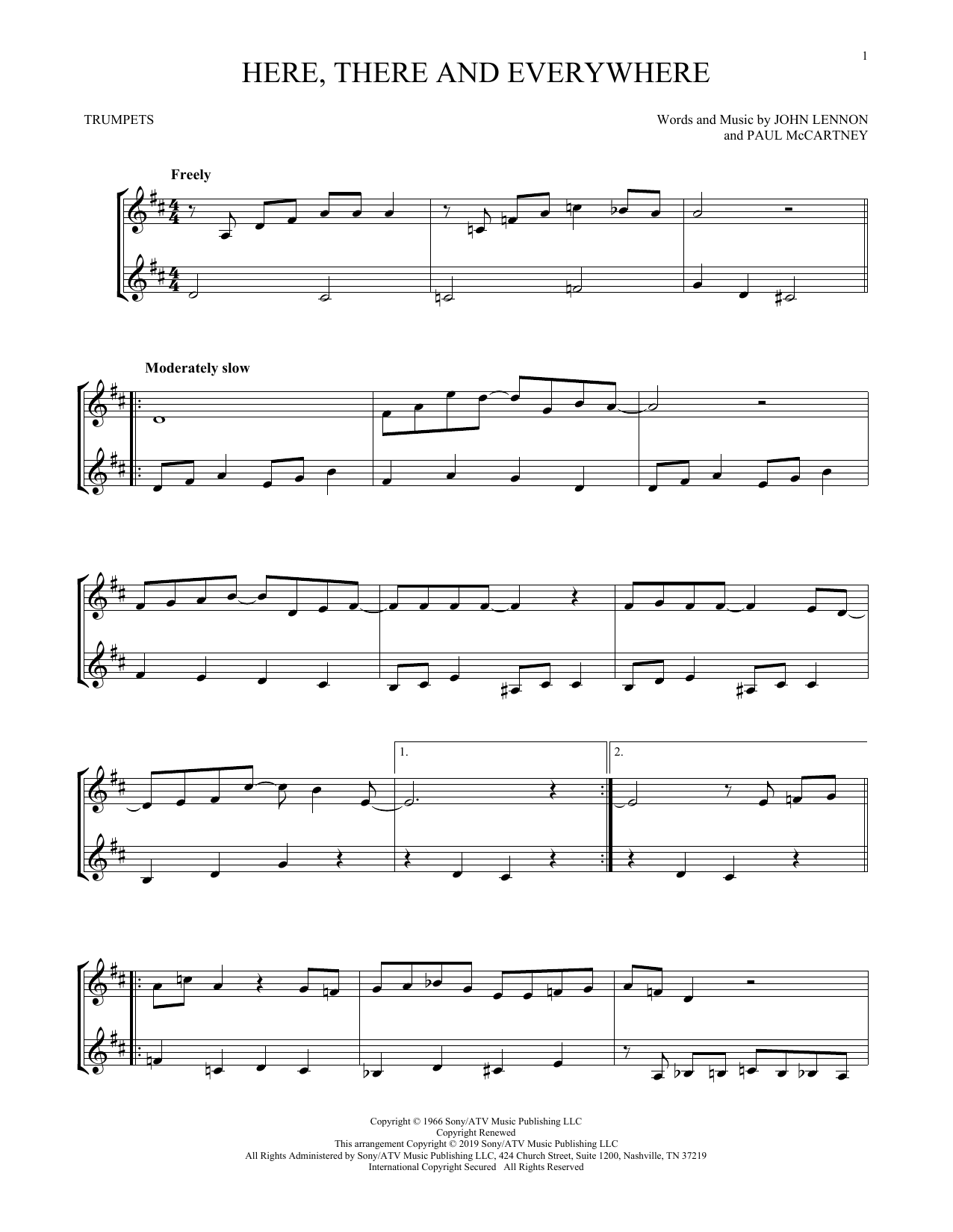Preview The Beatles Here, There And Everywhere Pop sheet music, notes and chords for Trumpet Duet, SKU: 413336 sheet music, piano notes, chords, guitar tabs, score, transpose, transcribe, how to play, guide, download, learn, tutorial, progression, song, artist, awards, billboard, mtv, vh1, tour, single, album, release