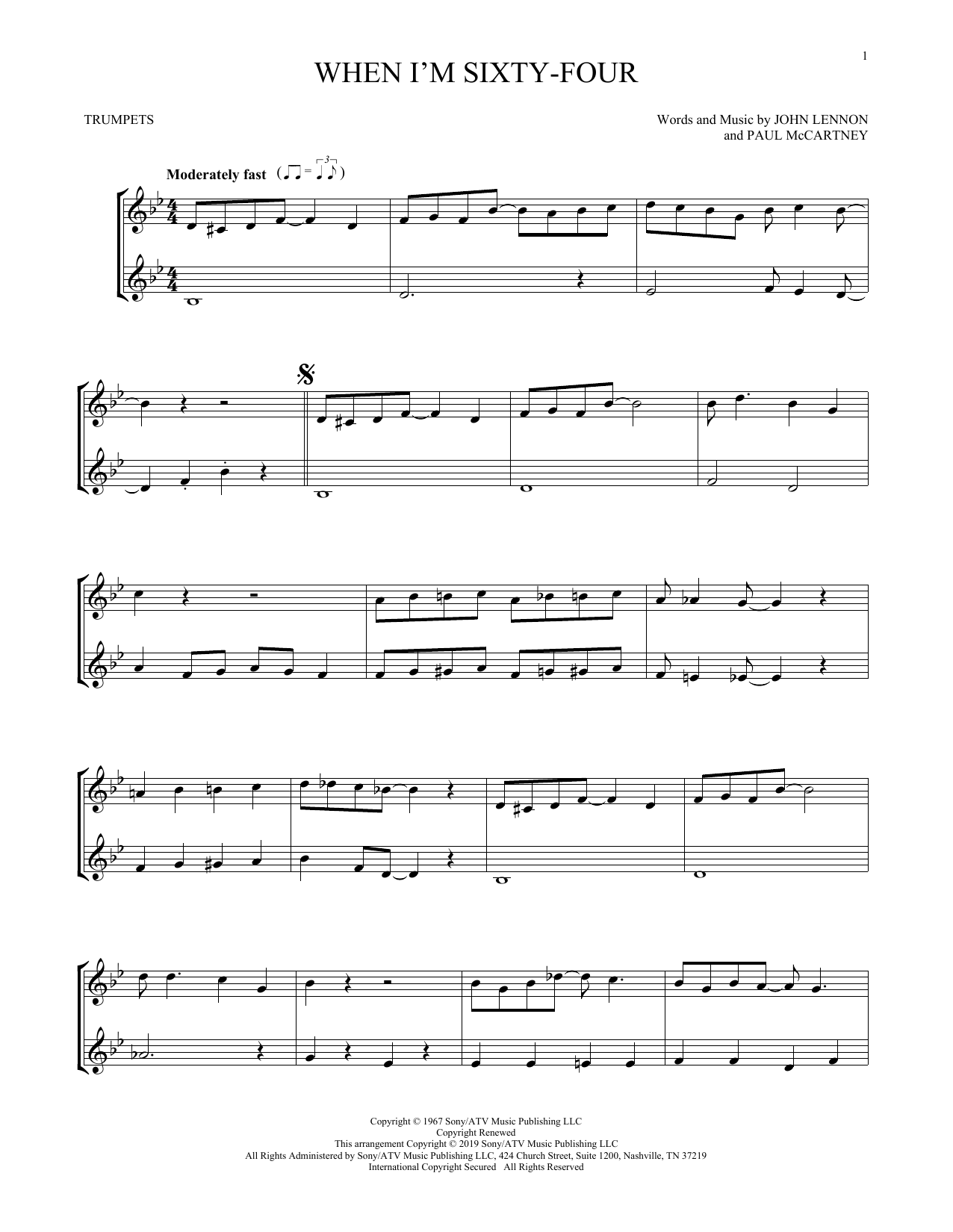 Preview The Beatles When I'm Sixty-Four Pop sheet music, notes and chords for Trumpet Duet, SKU: 413346 sheet music, piano notes, chords, guitar tabs, score, transpose, transcribe, how to play, guide, download, learn, tutorial, progression, song, artist, awards, billboard, mtv, vh1, tour, single, album, release