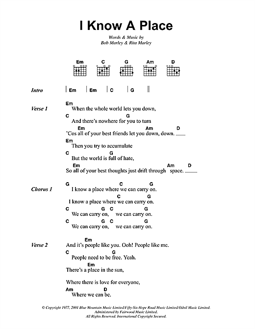 Preview Bob Marley I Know A Place Reggae sheet music, notes and chords for Lyrics & Chords, SKU: 41827 sheet music, piano notes, chords, guitar tabs, score, transpose, transcribe, how to play, guide, download, learn, tutorial, progression, song, artist, awards, billboard, mtv, vh1, tour, single, album, release