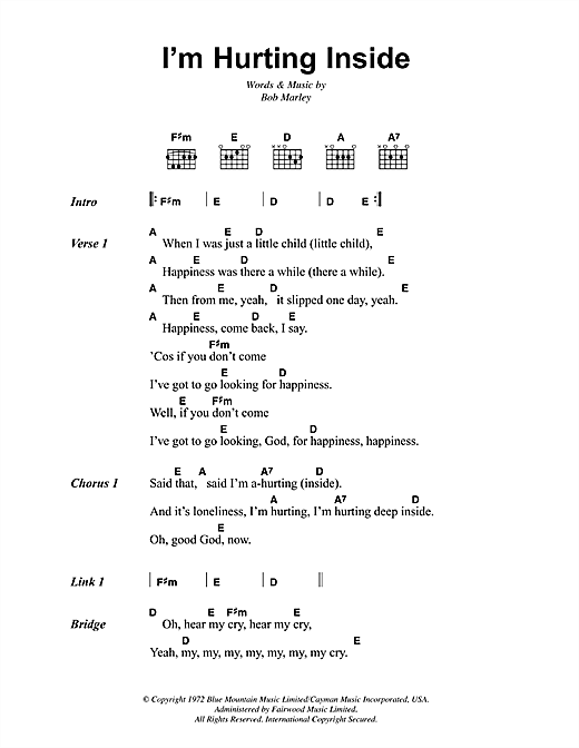 Preview Bob Marley I'm Hurting Inside Reggae sheet music, notes and chords for Lyrics & Chords, SKU: 41839 sheet music, piano notes, chords, guitar tabs, score, transpose, transcribe, how to play, guide, download, learn, tutorial, progression, song, artist, awards, billboard, mtv, vh1, tour, single, album, release