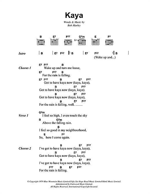 Preview Bob Marley Kaya Reggae sheet music, notes and chords for Lyrics & Chords, SKU: 41840 sheet music, piano notes, chords, guitar tabs, score, transpose, transcribe, how to play, guide, download, learn, tutorial, progression, song, artist, awards, billboard, mtv, vh1, tour, single, album, release