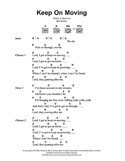 Preview Bob Marley Keep On Moving Reggae sheet music, notes and chords for Lyrics & Chords, SKU: 41848 sheet music, piano notes, chords, guitar tabs, score, transpose, transcribe, how to play, guide, download, learn, tutorial, progression, song, artist, awards, billboard, mtv, vh1, tour, single, album, release