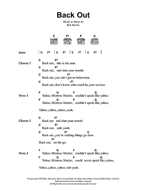 Preview Bob Marley Back Out Reggae sheet music, notes and chords for Lyrics & Chords, SKU: 41852 sheet music, piano notes, chords, guitar tabs, score, transpose, transcribe, how to play, guide, download, learn, tutorial, progression, song, artist, awards, billboard, mtv, vh1, tour, single, album, release
