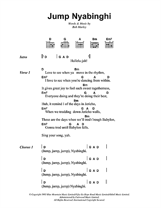Preview Bob Marley Jump Nyabinghi Reggae sheet music, notes and chords for Lyrics & Chords, SKU: 41853 sheet music, piano notes, chords, guitar tabs, score, transpose, transcribe, how to play, guide, download, learn, tutorial, progression, song, artist, awards, billboard, mtv, vh1, tour, single, album, release
