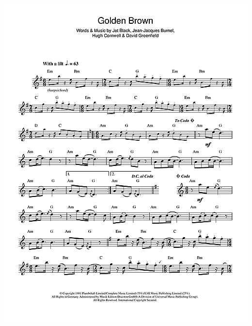 Preview The Stranglers Golden Brown Rock sheet music, notes and chords for Saxophone, SKU: 44507 sheet music, piano notes, chords, guitar tabs, score, transpose, transcribe, how to play, guide, download, learn, tutorial, progression, song, artist, awards, billboard, mtv, vh1, tour, single, album, release