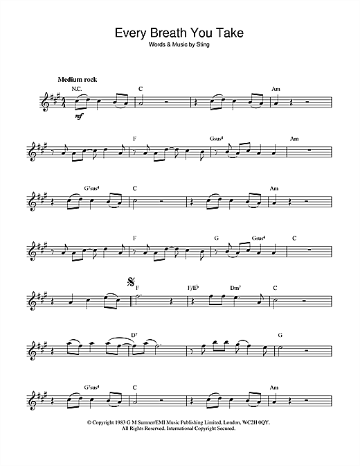 Preview The Police Every Breath You Take Rock sheet music, notes and chords for Saxophone, SKU: 44799 sheet music, piano notes, chords, guitar tabs, score, transpose, transcribe, how to play, guide, download, learn, tutorial, progression, song, artist, awards, billboard, mtv, vh1, tour, single, album, release