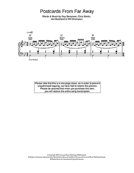 Preview Coldplay Postcards From Far Away Rock sheet music, notes and chords for Piano, SKU: 45396 sheet music, piano notes, chords, guitar tabs, score, transpose, transcribe, how to play, guide, download, learn, tutorial, progression, song, artist, awards, billboard, mtv, vh1, tour, single, album, release