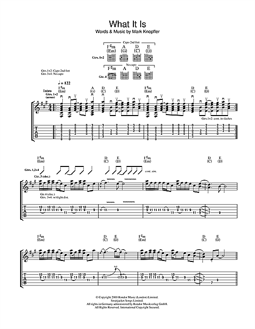 Preview Mark Knopfler What It Is Rock sheet music, notes and chords for Guitar Tab, SKU: 45471 sheet music, piano notes, chords, guitar tabs, score, transpose, transcribe, how to play, guide, download, learn, tutorial, progression, song, artist, awards, billboard, mtv, vh1, tour, single, album, release