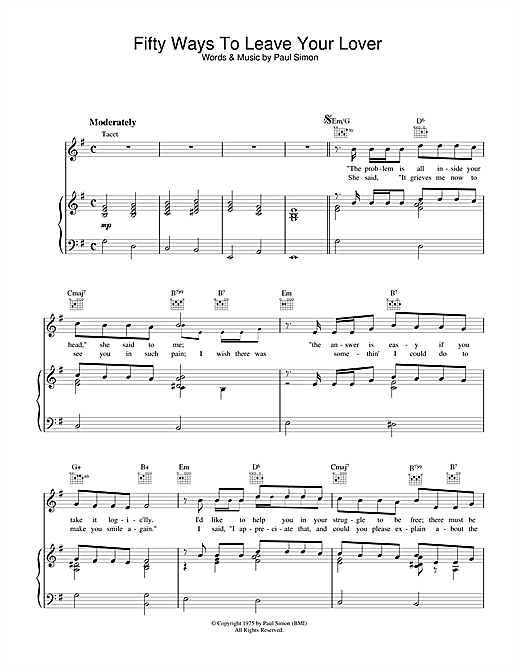 Preview Paul Simon Fifty Ways To Leave Your Lover Pop sheet music, notes and chords for Piano, Vocal & Guitar (Right-Hand Melody), SKU: 45473 sheet music, piano notes, chords, guitar tabs, score, transpose, transcribe, how to play, guide, download, learn, tutorial, progression, song, artist, awards, billboard, mtv, vh1, tour, single, album, release