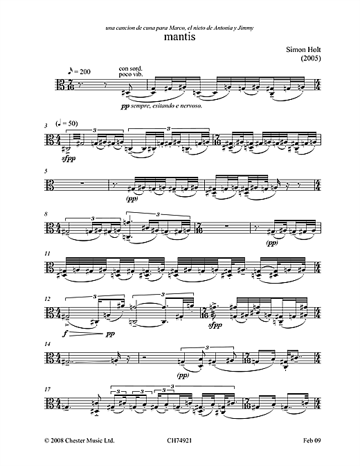 Preview Simon Holt Mantis (for solo viola) Classical sheet music, notes and chords for Viola, SKU: 45654 sheet music, piano notes, chords, guitar tabs, score, transpose, transcribe, how to play, guide, download, learn, tutorial, progression, song, artist, awards, billboard, mtv, vh1, tour, single, album, release